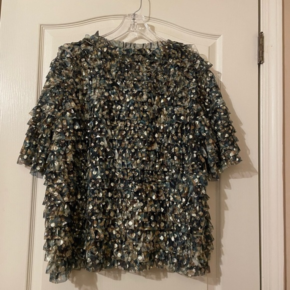 CHICO'S NWT $129.50 Foil Mesh Ruffle Cropped Top Gold Spruce Blouse Size 3 (XL) - Picture 5 of 11